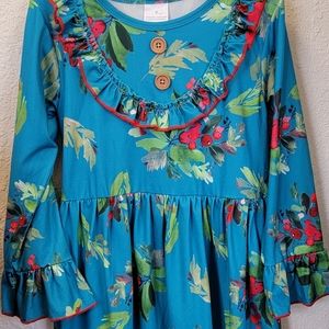 BRAND NEW BOUTIQUE long sleeve Turquoise dress with berries and greenery